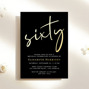 Invitación Con Relieve Metalizado Fiesta de cumpleaños 60 Chic Script negro oro