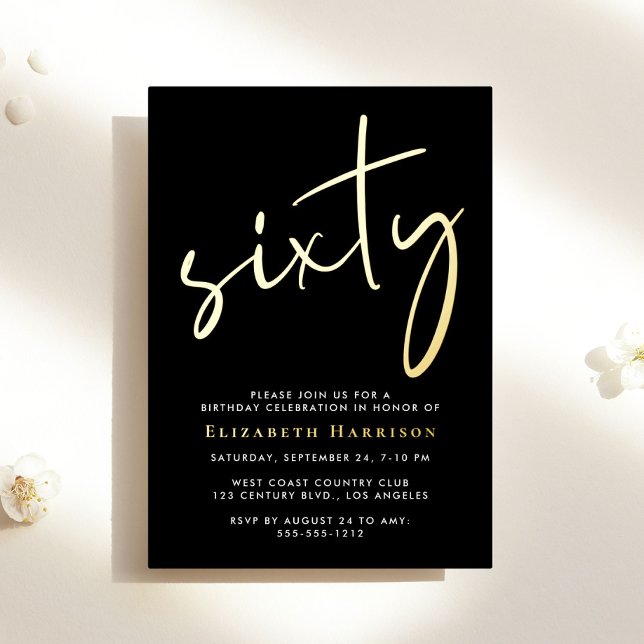 Invitación Con Relieve Metalizado Fiesta de cumpleaños 60 Chic Script negro oro (Subido por el creador)
