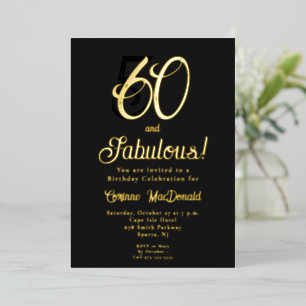 Invitación Con Relieve Metalizado Fiesta de cumpleaños 60 dorada y negra 60 &Fabulos