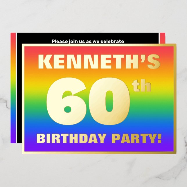 Invitación Con Relieve Metalizado Fiesta de cumpleaños 60: Patrón de arcoíris divert (Anverso/Reverso)