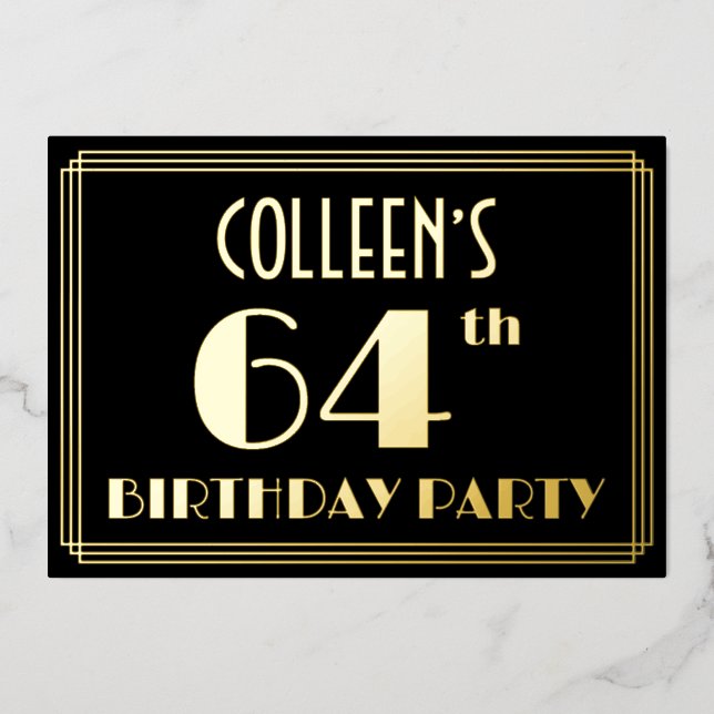 Invitación Con Relieve Metalizado Fiesta de cumpleaños 64: Art Deco Look "64", con n (Anverso)