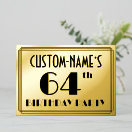 Invitación Con Relieve Metalizado Fiesta de cumpleaños 64 — Aspecto Art Deco "64" + 