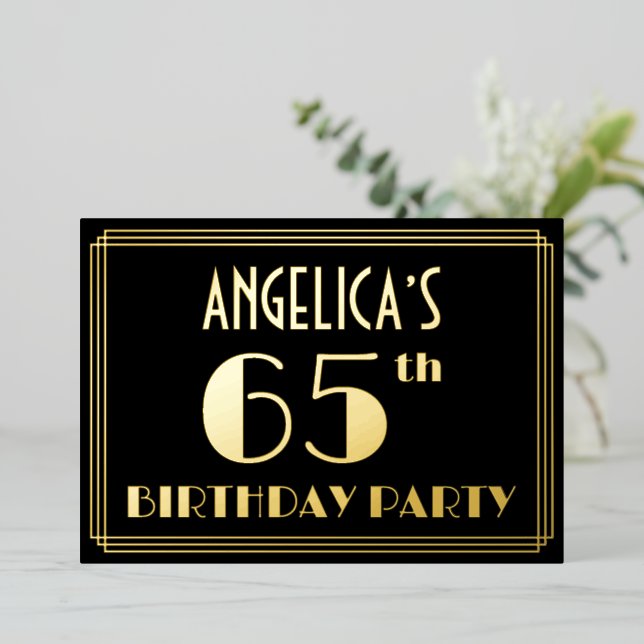 Invitación Con Relieve Metalizado Fiesta de cumpleaños 65: Art Deco Look "65", con n (Anverso de pie)