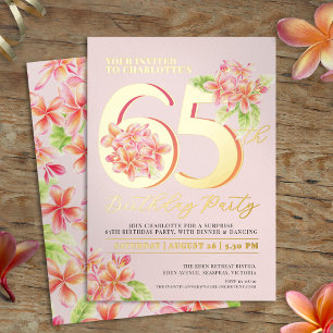 Invitación Con Relieve Metalizado Fiesta de cumpleaños 65 de frangipani floral rosa 