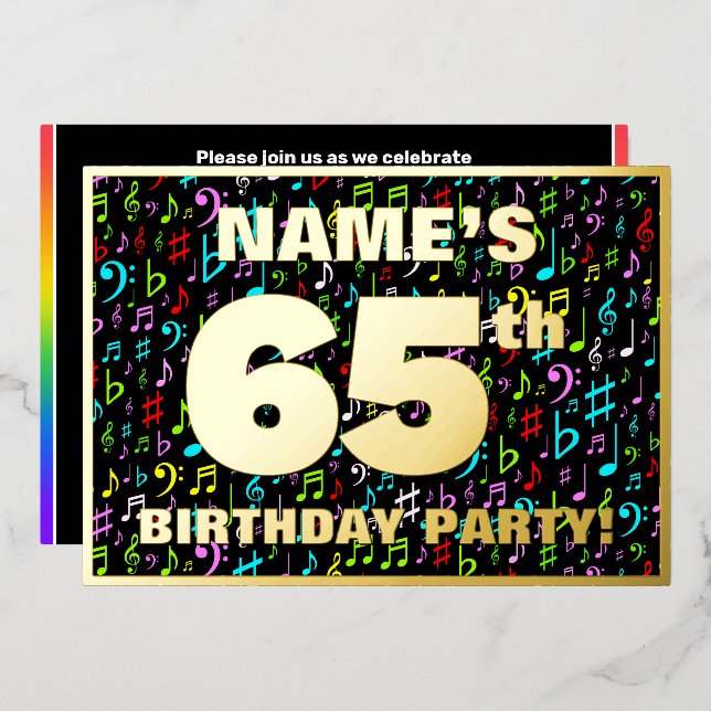 Invitación Con Relieve Metalizado Fiesta de cumpleaños 65 — Símbolos musicales diver (Anverso/Reverso)