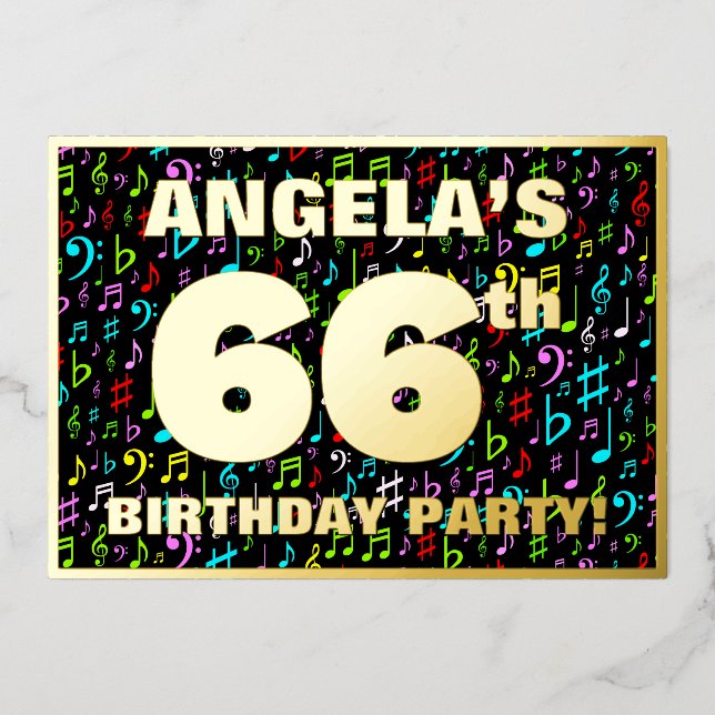 Invitación Con Relieve Metalizado Fiesta de cumpleaños 66 — Símbolos musicales diver (Anverso)