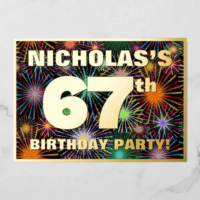 Invitación Con Relieve Metalizado Fiesta de cumpleaños 67 - Diversión, colores y fue (Anverso)
