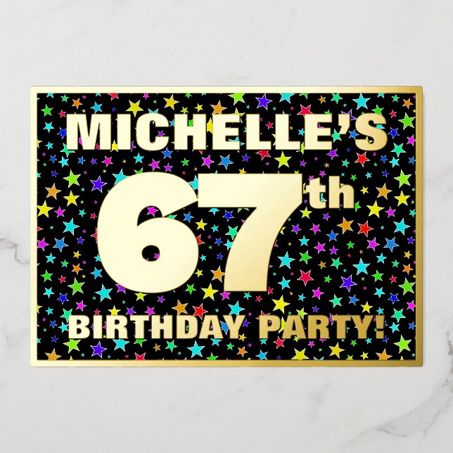 Invitación Con Relieve Metalizado Fiesta de cumpleaños 67 — Patrón de estrellas dive (Anverso)