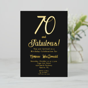 Invitación Con Relieve Metalizado Fiesta de cumpleaños 70 años Gold Foil Black 70 &