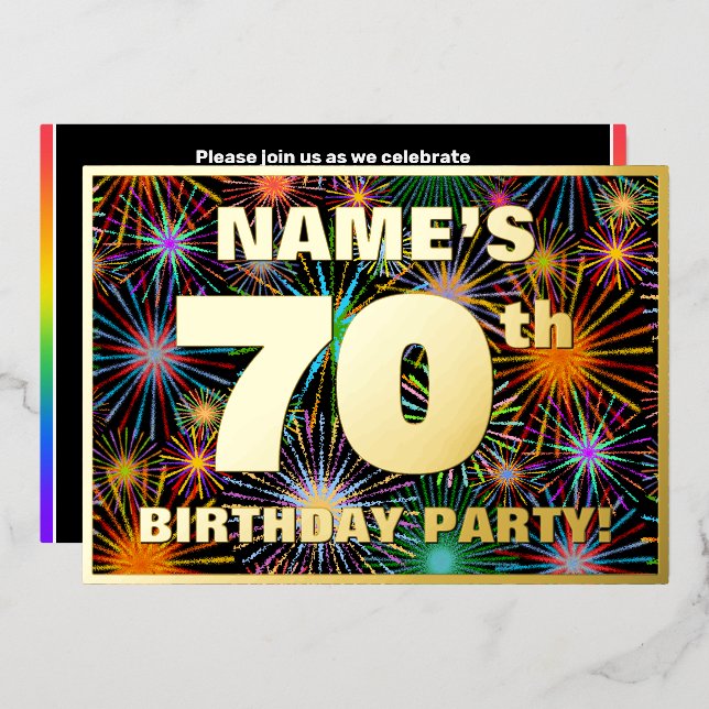 Invitación Con Relieve Metalizado Fiesta de cumpleaños 70 — aspecto divertido y colo (Anverso/Reverso)