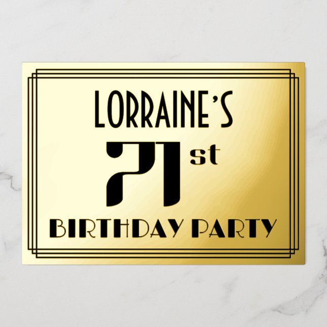 Invitación Con Relieve Metalizado Fiesta de cumpleaños 71: Art Deco Look "71" y nomb (Anverso)