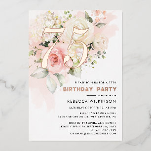 Invitación Con Relieve Metalizado Fiesta de cumpleaños 75 con acuarela floral