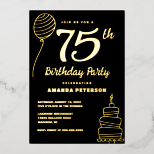 Invitación Con Relieve Metalizado Fiesta de cumpleaños 75 de Oro Negro Oro Real