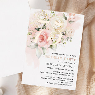 Invitación Con Relieve Metalizado Fiesta de cumpleaños 75 Floral Acuarela Rosa Dorad