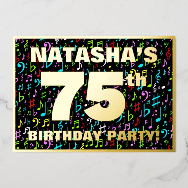 Invitación Con Relieve Metalizado Fiesta de cumpleaños 75 — Símbolos musicales diver (Anverso)