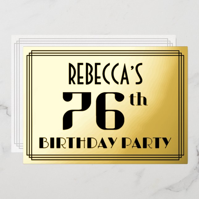 Invitación Con Relieve Metalizado Fiesta de cumpleaños 76: Art Deco Look "76" y nomb (Anverso/Reverso)