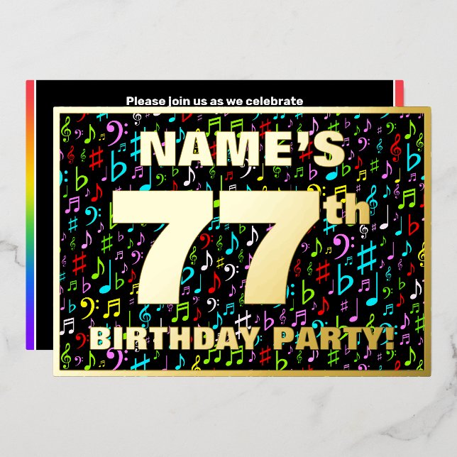 Invitación Con Relieve Metalizado Fiesta de cumpleaños 77 — Símbolos musicales diver (Anverso/Reverso)