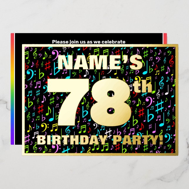 Invitación Con Relieve Metalizado Fiesta de cumpleaños 78 — Símbolos musicales diver (Anverso/Reverso)