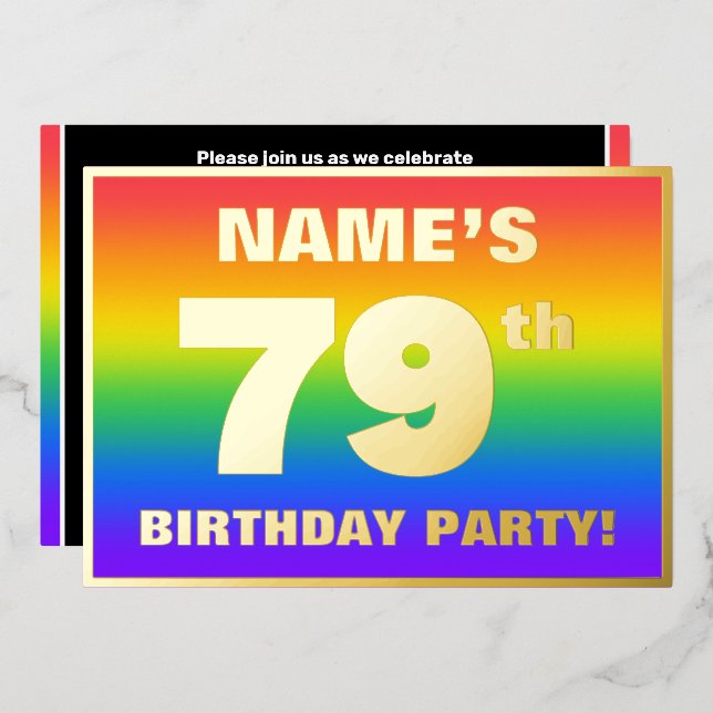 Invitación Con Relieve Metalizado Fiesta de cumpleaños 79: Patrón arcoiris divertido (Anverso/Reverso)
