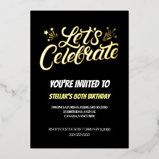 Invitación Con Relieve Metalizado Fiesta de cumpleaños 80 con guión dorado