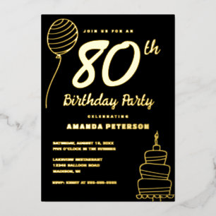 Invitación Con Relieve Metalizado Fiesta de cumpleaños 80 de Oro Negro Oro Real