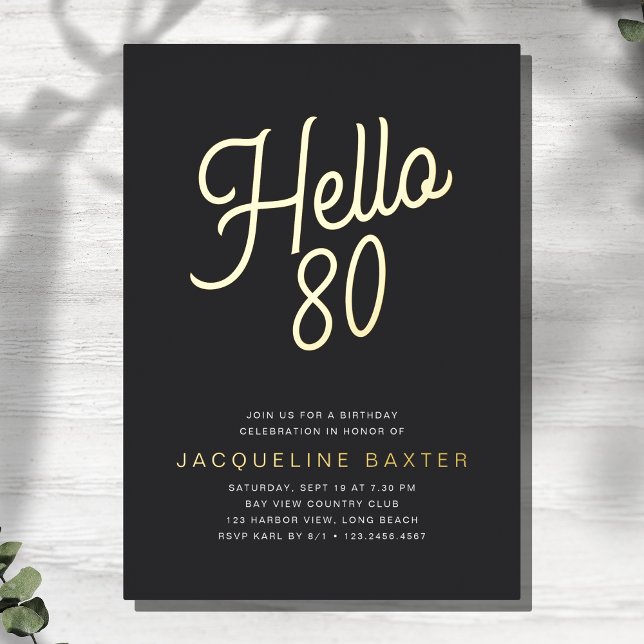 Invitación Con Relieve Metalizado Fiesta de Cumpleaños 80 Script Dorado Hola (Subido por el creador)