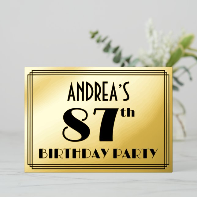 Invitación Con Relieve Metalizado Fiesta de Cumpleaños 87 — Look Art Deco “87” + Nom (Anverso de pie)