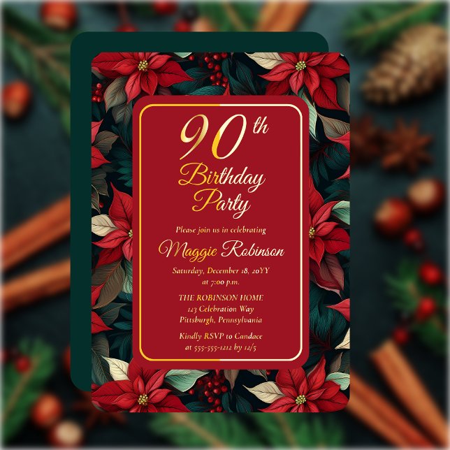 Invitación Con Relieve Metalizado Fiesta de cumpleaños 90 de Navidades oscuros (Elegant Dark and Moody Poinsettias Christmas and Holiday 90th Birthday Party Gold Foil Invitation)