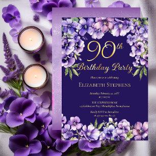 Invitación Con Relieve Metalizado Fiesta de cumpleaños 90 Elegantes Violetas Purpúre