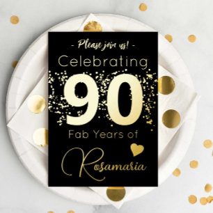 Invitación Con Relieve Metalizado Fiesta de cumpleaños 90 en Glitter Oro Negro