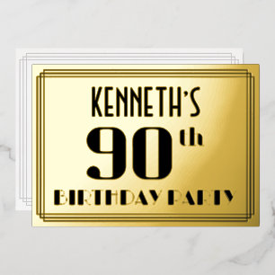 Invitación Con Relieve Metalizado Fiesta de cumpleaños 90: Look de Art Deco “90” y n