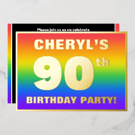 Invitación Con Relieve Metalizado Fiesta de cumpleaños 90: Patrón arcoiris divertido