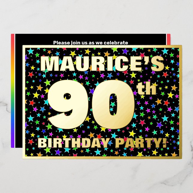 Invitación Con Relieve Metalizado Fiesta de cumpleaños 90 — Patrón de estrellas dive (Anverso/Reverso)