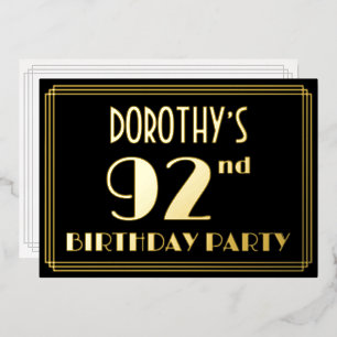 Invitación Con Relieve Metalizado Fiesta de cumpleaños 92: Art Deco Look "92", con n