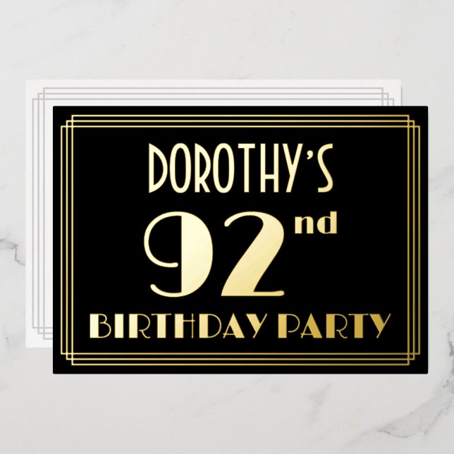 Invitación Con Relieve Metalizado Fiesta de cumpleaños 92: Art Deco Look "92", con n (Anverso/Reverso)