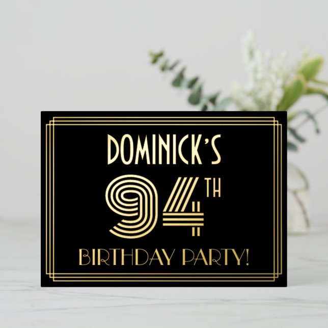 Invitación Con Relieve Metalizado Fiesta de cumpleaños 94 — Estilo Art Deco "94" + N (Anverso de pie)