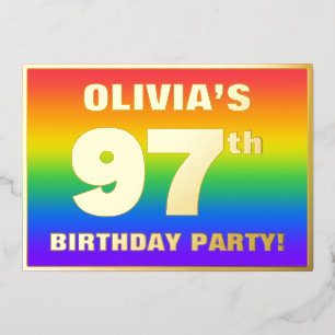 Invitación Con Relieve Metalizado Fiesta de cumpleaños 97: Patrón arcoiris divertido