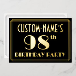 Invitación Con Relieve Metalizado Fiesta de cumpleaños 98: Art Deco Look "98", con n