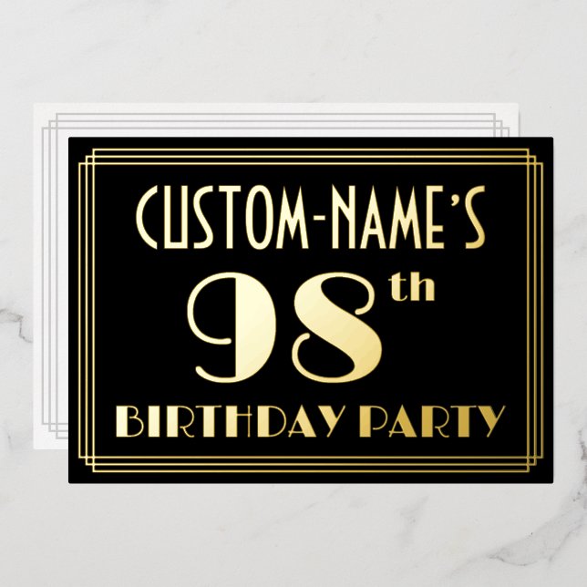 Invitación Con Relieve Metalizado Fiesta de cumpleaños 98: Art Deco Look "98", con n (Anverso/Reverso)