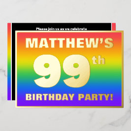 Invitación Con Relieve Metalizado Fiesta de cumpleaños 99: Patrón arcoiris divertido