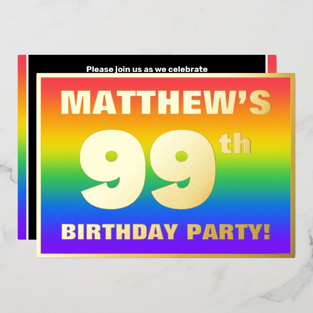 Invitación Con Relieve Metalizado Fiesta de cumpleaños 99: Patrón arcoiris divertido (Anverso/Reverso)