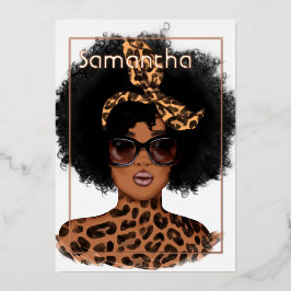 Invitación Con Relieve Metalizado Fiesta de cumpleaños afro con estampado de leopard