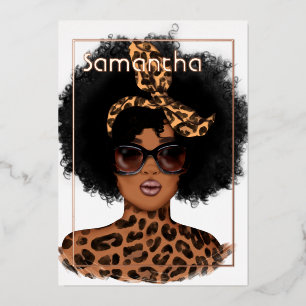 Invitación Con Relieve Metalizado Fiesta de cumpleaños afro con estampado de leopard