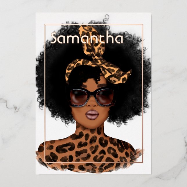 Invitación Con Relieve Metalizado Fiesta de cumpleaños afro con estampado de leopard (Anverso)
