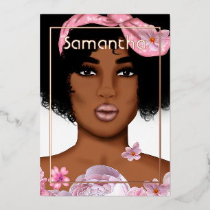 Invitación Con Relieve Metalizado Fiesta de Cumpleaños Afro Rosa y Dorado Rosa