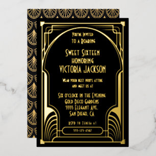 Invitación Con Relieve Metalizado Fiesta de cumpleaños Art Deco Sweet Sixteen dorado