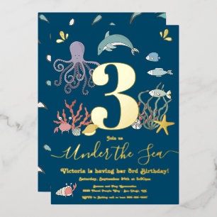 Invitación Con Relieve Metalizado Fiesta de cumpleaños bajo el mar