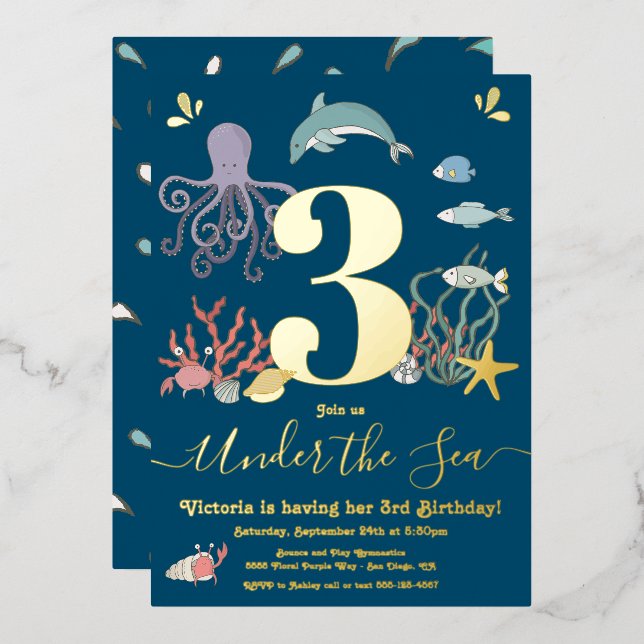 Invitación Con Relieve Metalizado Fiesta de cumpleaños bajo el mar (Anverso/Reverso)