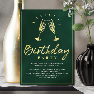 Invitación Con Relieve Metalizado Fiesta de cumpleaños Champán Verde Esmeralda y Dor