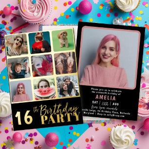 Invitación Con Relieve Metalizado Fiesta de Cumpleaños Chic Negro y Dorado con 10 Fo